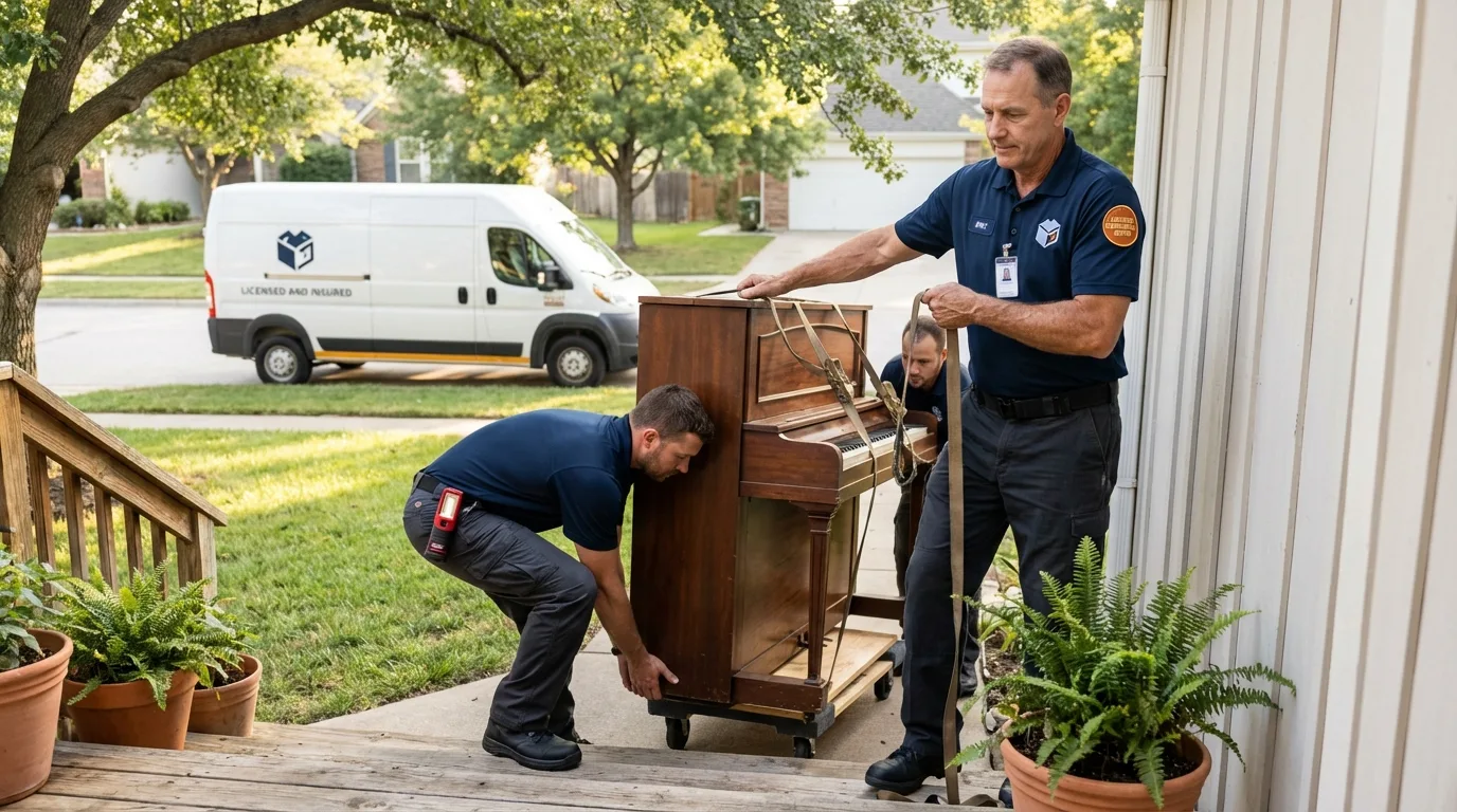 Licensed piano movers securing grand piano in Gray Summit, MO